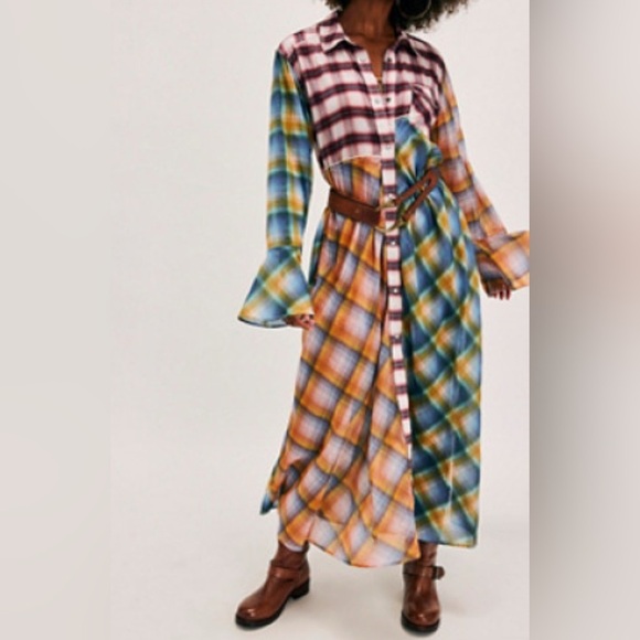 Free People Dresses & Skirts - NWT Free People Prairie Plaid Maxi Dress Womens XS Long Sleeve Lightweight
